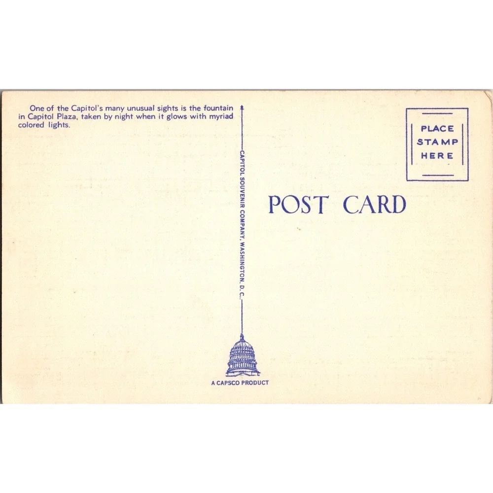 Vintage Postcard Illuminated Fountain on Capitol Plaza Washington DC C-107 Night